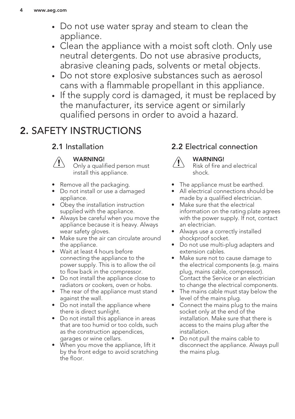 Safety instructions, 1 installation, 2 electrical connection | AEG SWD81800G1 User Manual | Page 4 / 52