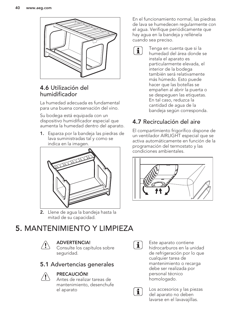6 utilización del humidificador, 7 recirculación del aire, Mantenimiento y limpieza | 1 advertencias generales | AEG SWD81800G1 User Manual | Page 40 / 52
