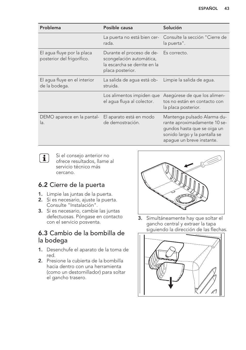 2 cierre de la puerta, 3 cambio de la bombilla de la bodega | AEG SWD81800G1 User Manual | Page 43 / 52