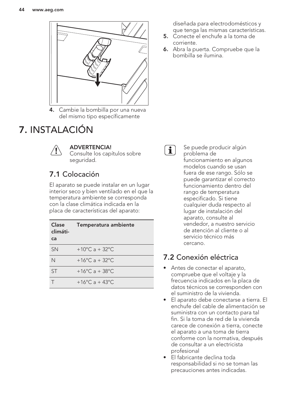 Instalación, 1 colocación, 2 conexión eléctrica | AEG SWD81800G1 User Manual | Page 44 / 52