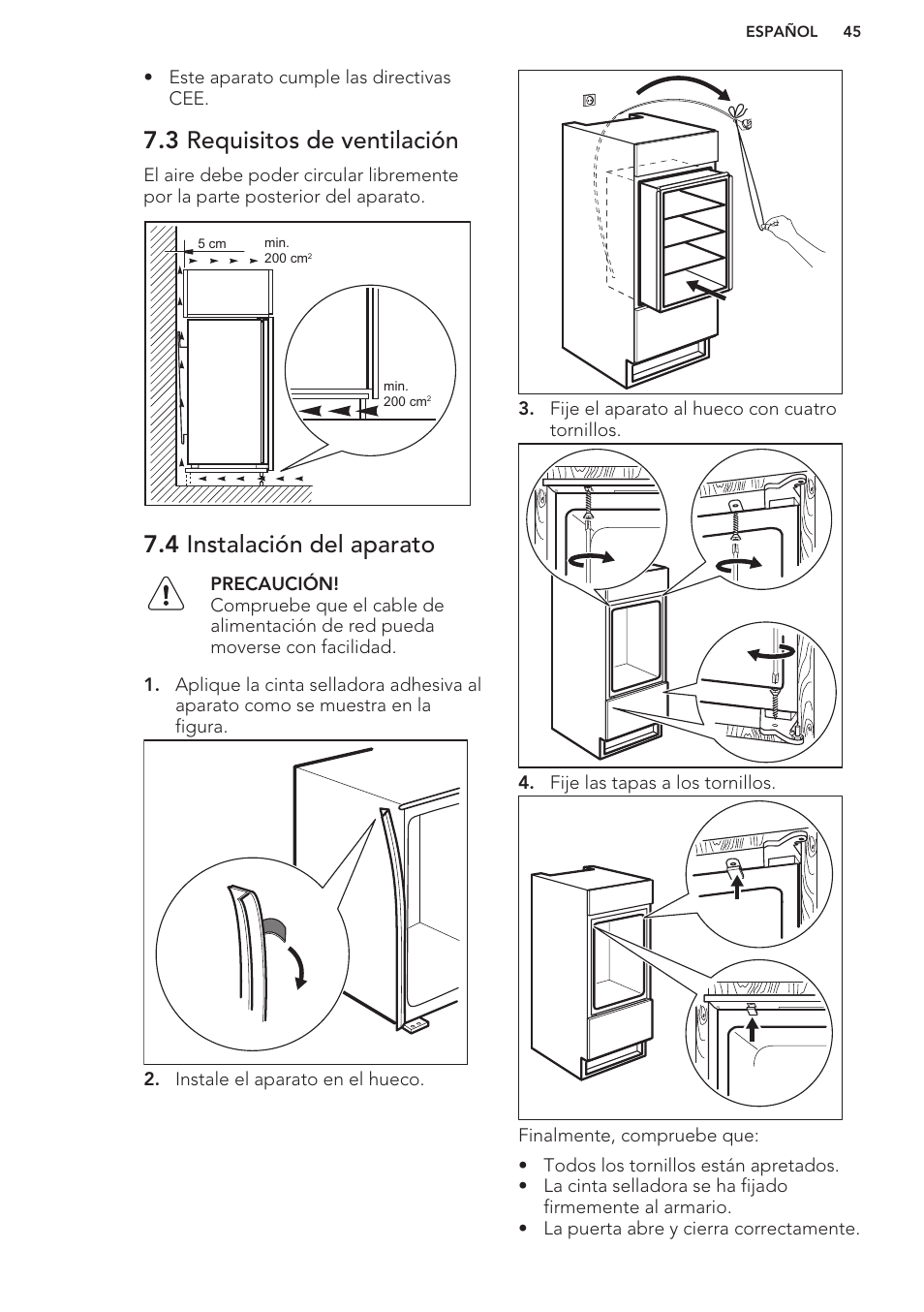 3 requisitos de ventilación, 4 instalación del aparato | AEG SWD81800G1 User Manual | Page 45 / 52