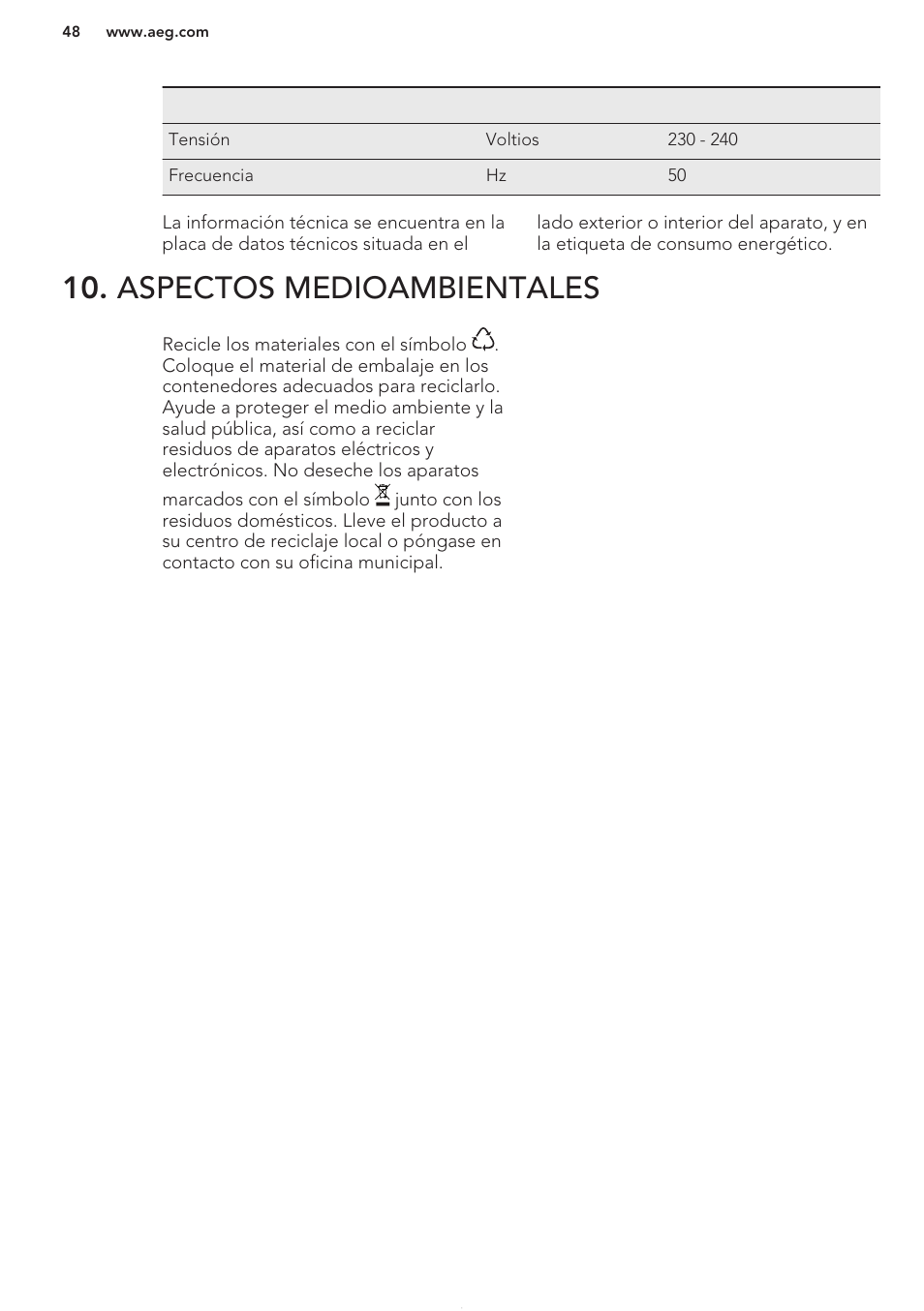 Aspectos medioambientales | AEG SWD81800G1 User Manual | Page 48 / 52