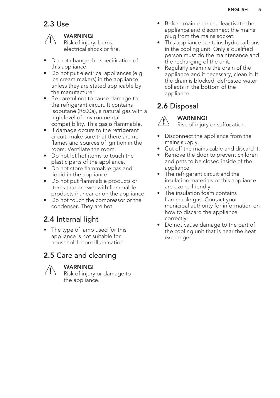 3 use, 4 internal light, 5 care and cleaning | 6 disposal | AEG SWD81800G1 User Manual | Page 5 / 52