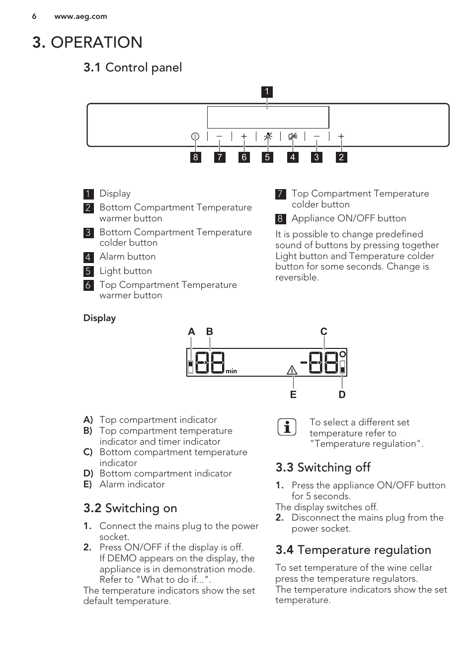 Operation, 1 control panel, 2 switching on | 3 switching off, 4 temperature regulation | AEG SWD81800G1 User Manual | Page 6 / 52