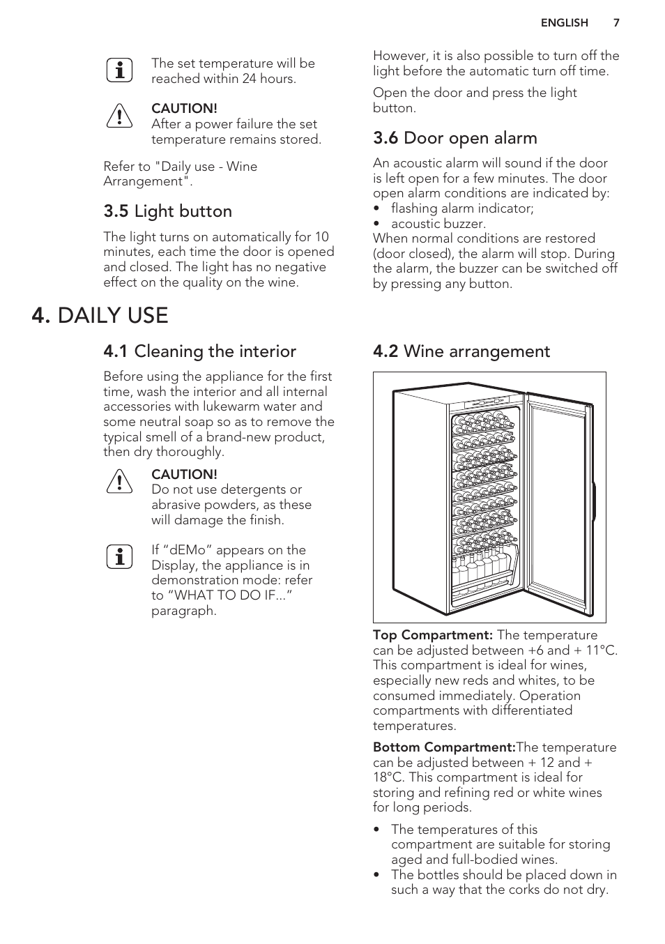 5 light button, 6 door open alarm, Daily use | 1 cleaning the interior, 2 wine arrangement | AEG SWD81800G1 User Manual | Page 7 / 52