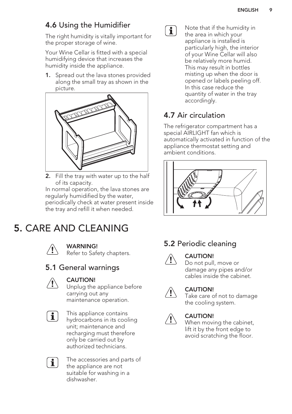 6 using the humidifier, 7 air circulation, Care and cleaning | 1 general warnings, 2 periodic cleaning | AEG SWD81800G1 User Manual | Page 9 / 52