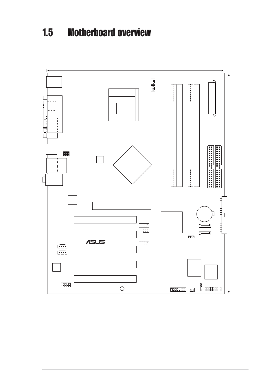 5 motherboard overview, 1 motherboard layout, Sis 655 fx | Sis 964, Pci1, Pci2 pci3 pci4 pci5 | Asus P4S800D-X User Manual | Page 13 / 64