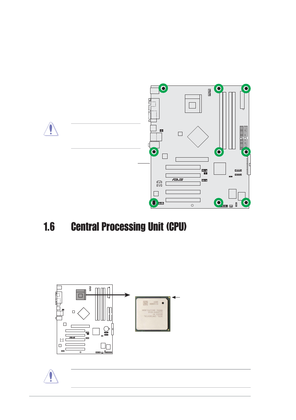 6 central processing unit (cpu), 1 overview, 2 placement direction | 3 screw holes | Asus P4S800D-X User Manual | Page 14 / 64