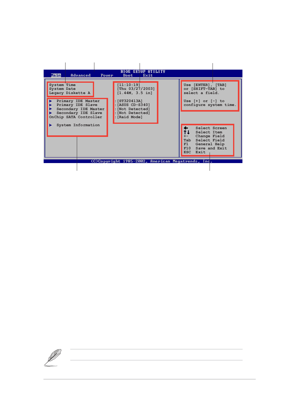 2 menu bar, 1 bios menu screen, 3 navigation keys | Asus P4S800D-X User Manual | Page 37 / 64