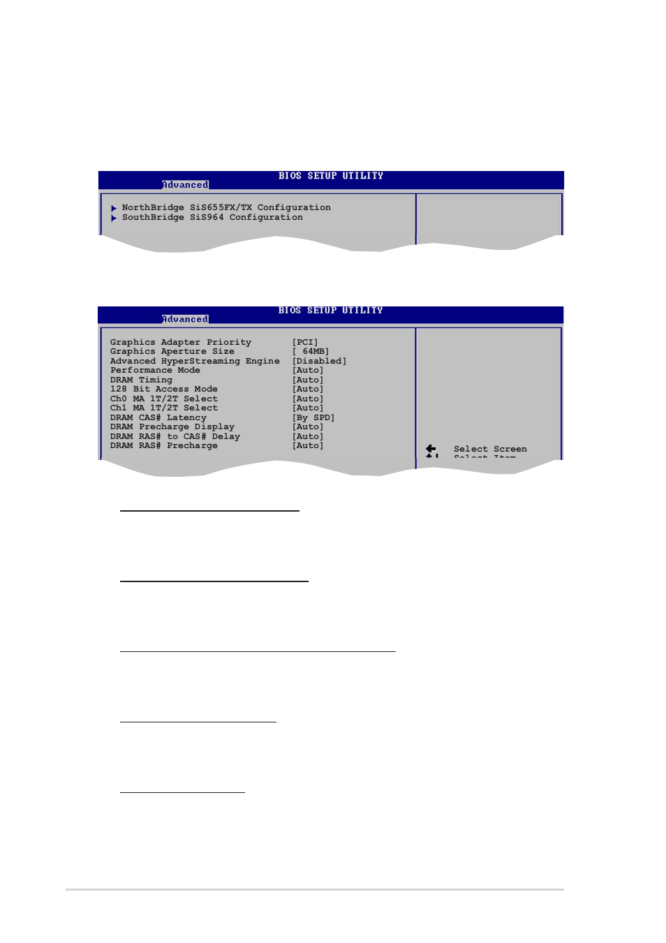 3 chipset, 16 chapter 2: bios information, Northbridge sis655fx/tx configuration | Graphic adapter priority [pci, Graphics aperture size [64mb, Advanced hyperstreaming engine [disabled, Performance mode [auto, Dram timing [auto | Asus P4S800D-X User Manual | Page 44 / 64