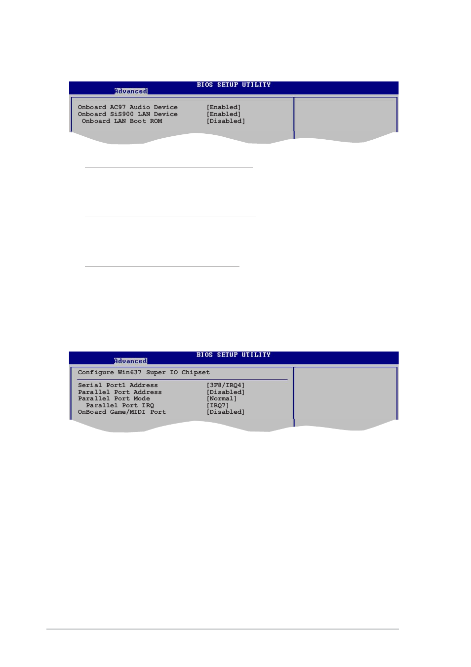 4 onboard devices configuration, Onboard ac97 audio device [enabled, Onboard sis900 lan device [enabled | Onboard lan boot rom [disabled, Serial port1 address [3f8/irq4, Parallel port address [disabled, Parallel port mode [normal | Asus P4S800D-X User Manual | Page 46 / 64