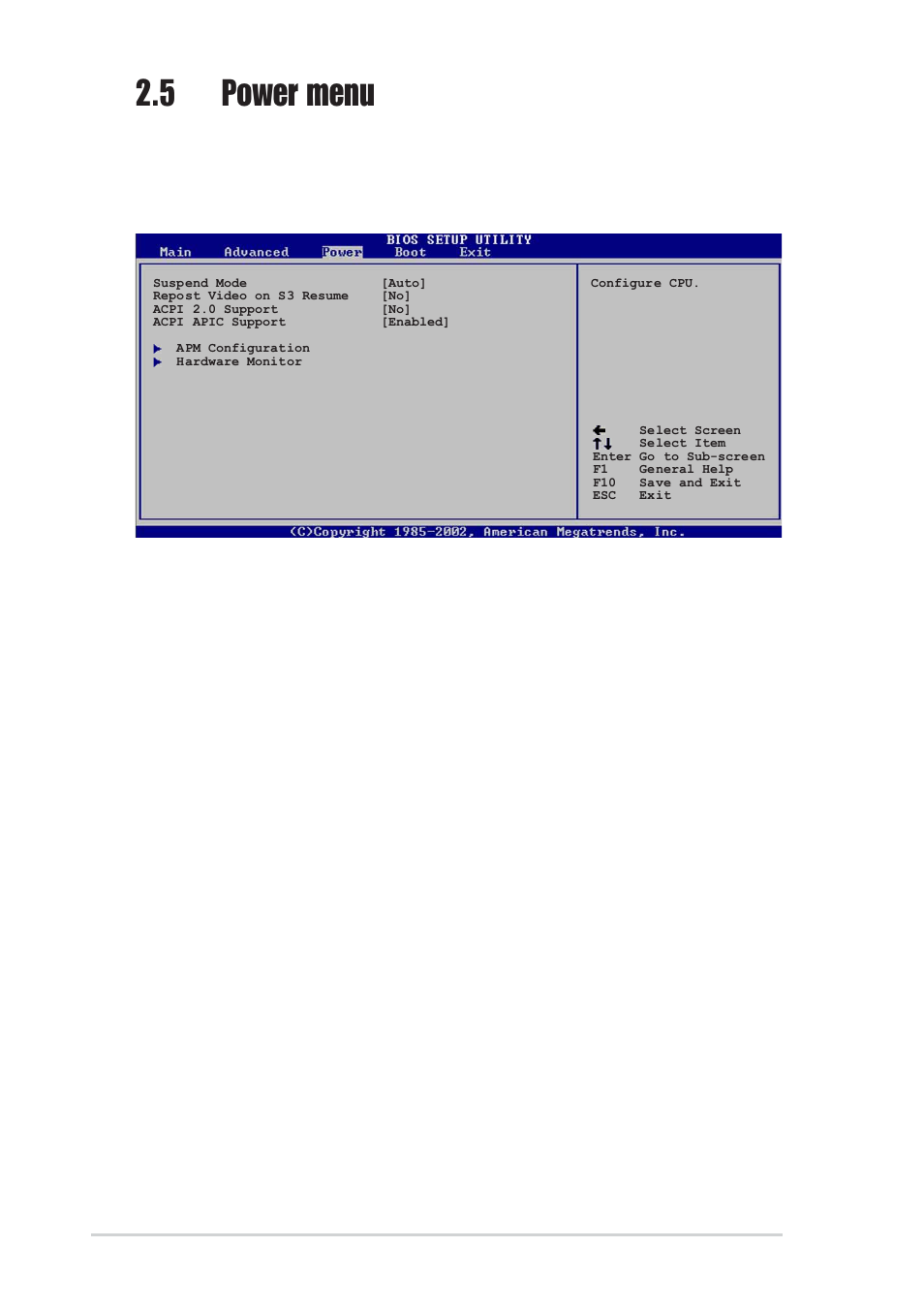 5 power menu, 1 suspend mode [auto, 2 repost video on s3 resume [no | 3 acpi 2.0 support [no, 4 acpi apic support [enabled | Asus P4S800D-X User Manual | Page 50 / 64