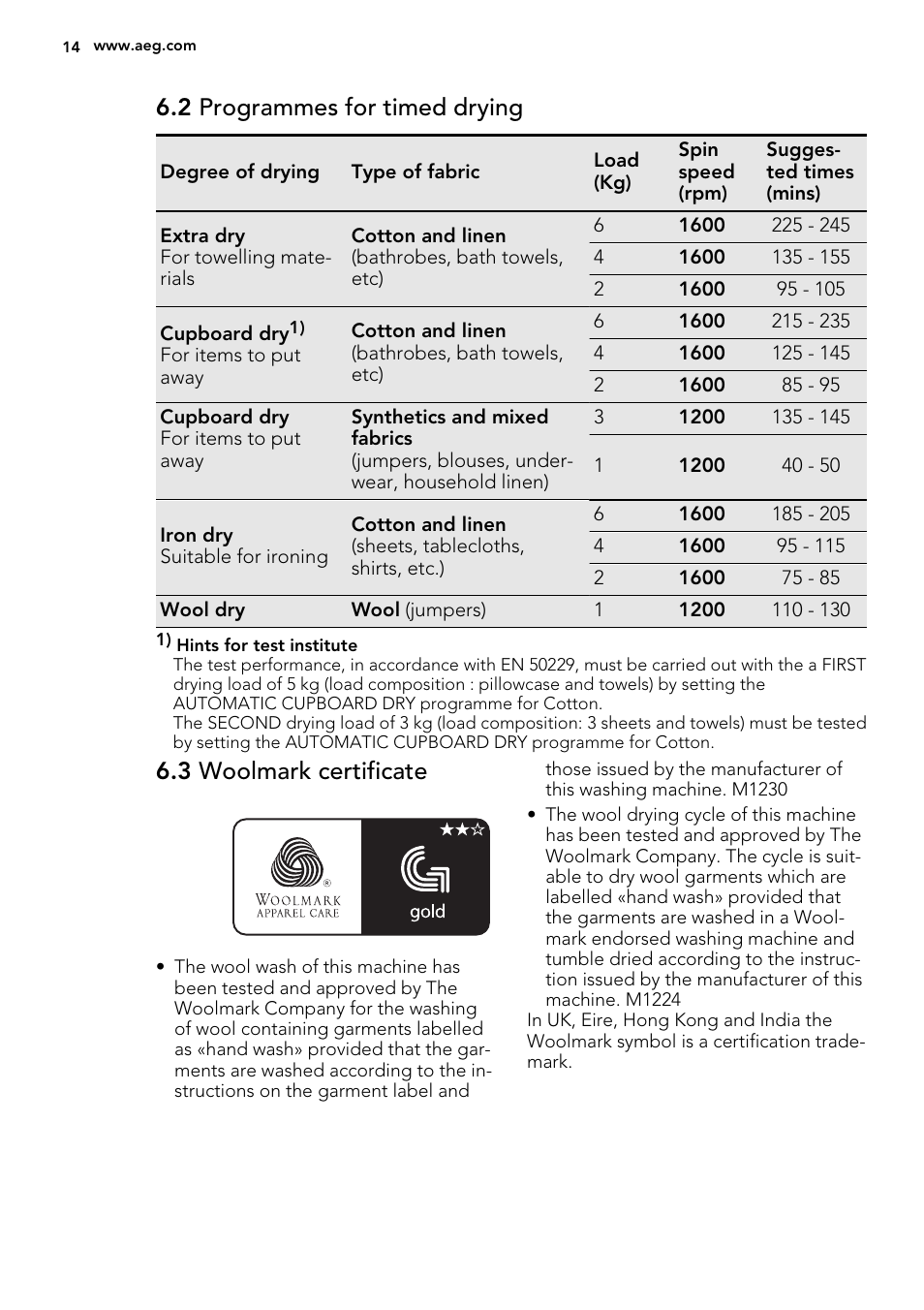 2 programmes for timed drying, 3 woolmark certificate | AEG L75670WD User Manual | Page 14 / 76