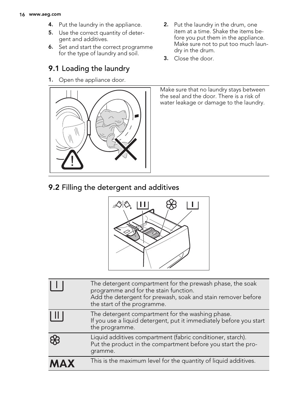 1 loading the laundry, 2 filling the detergent and additives | AEG L75670WD User Manual | Page 16 / 76