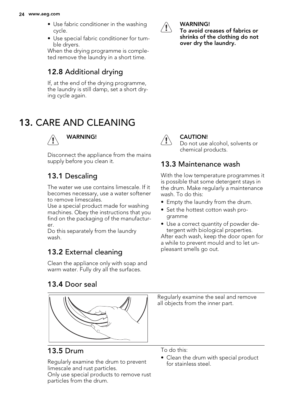 Care and cleaning, 8 additional drying, 1 descaling | 2 external cleaning, 3 maintenance wash, 4 door seal, 5 drum | AEG L75670WD User Manual | Page 24 / 76