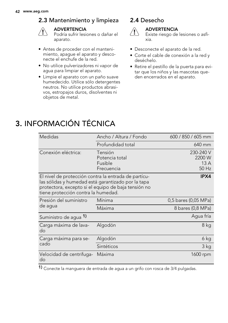 Información técnica, 3 mantenimiento y limpieza, 4 desecho | AEG L75670WD User Manual | Page 42 / 76