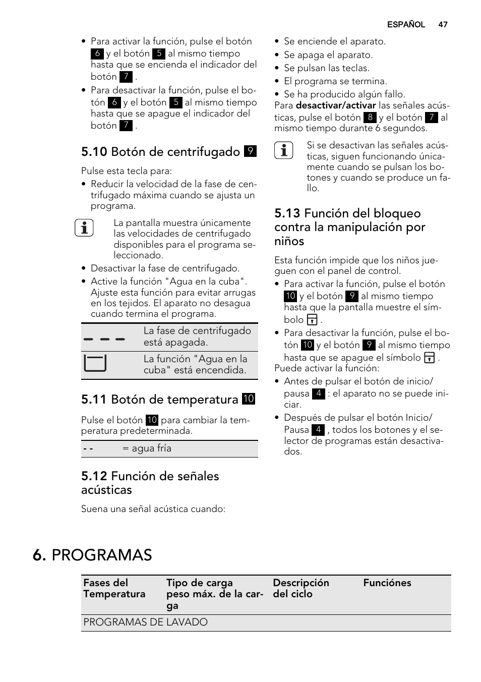 Programas, 10 botón de centrifugado, 11 botón de temperatura | 12 función de señales acústicas | AEG L75670WD User Manual | Page 47 / 76