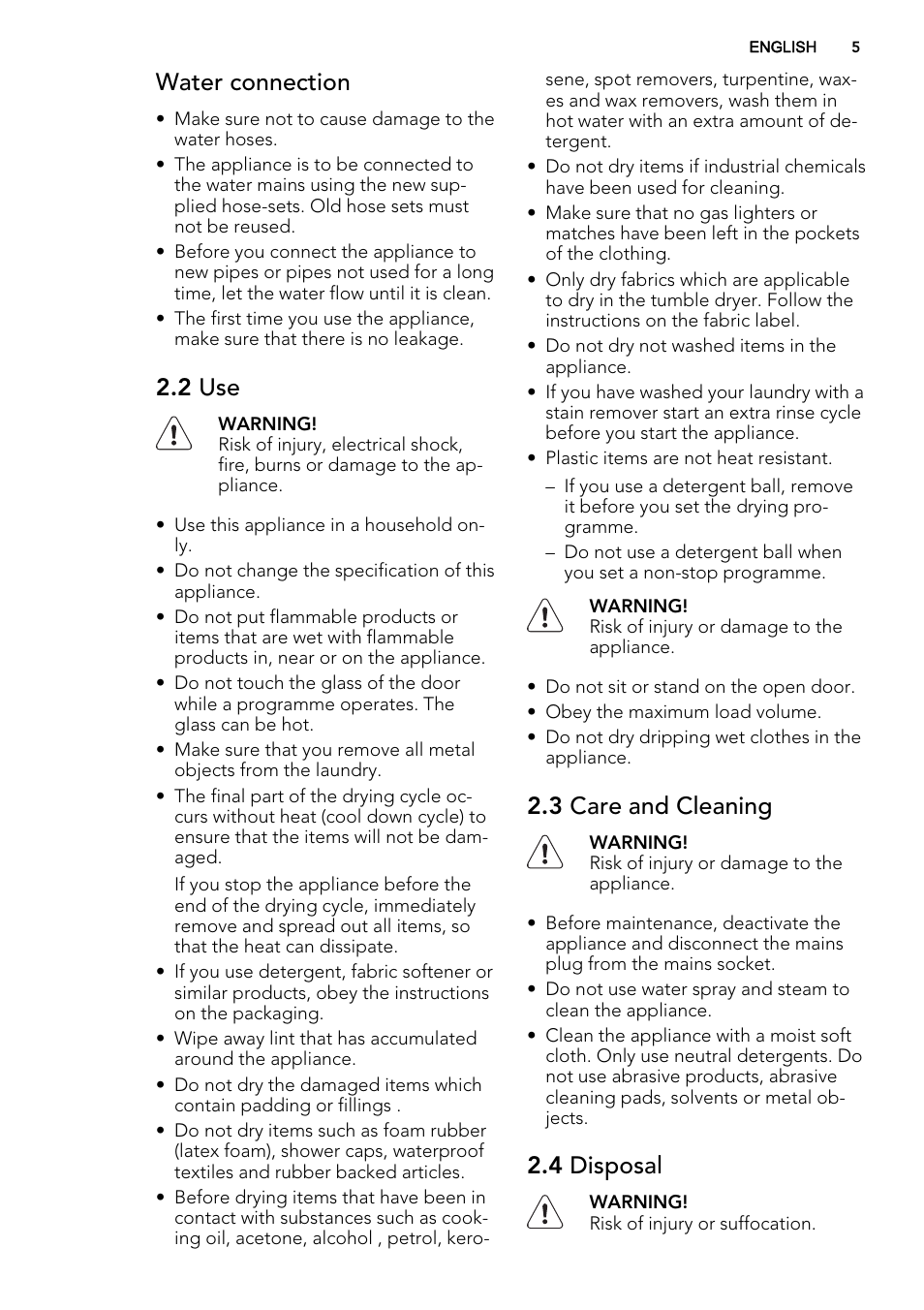 Water connection, 2 use, 3 care and cleaning | 4 disposal | AEG L75670WD User Manual | Page 5 / 76