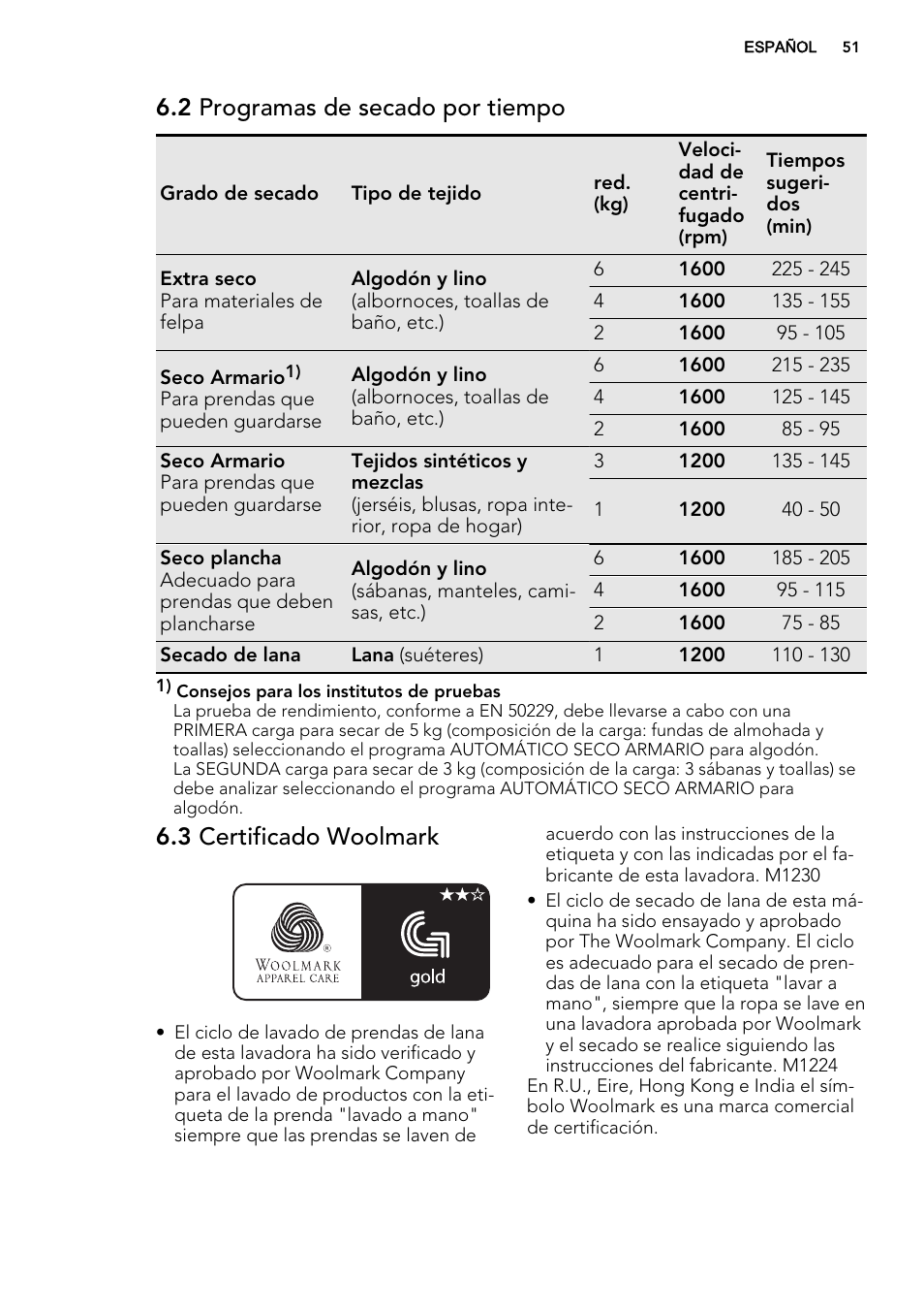 2 programas de secado por tiempo, 3 certificado woolmark | AEG L75670WD User Manual | Page 51 / 76