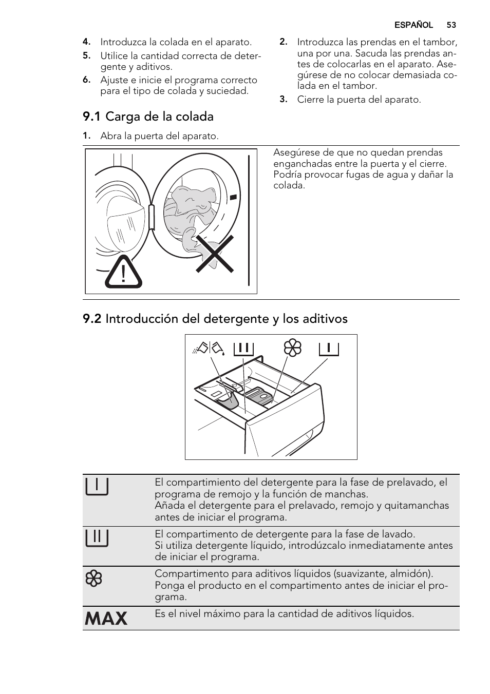 1 carga de la colada, 2 introducción del detergente y los aditivos | AEG L75670WD User Manual | Page 53 / 76