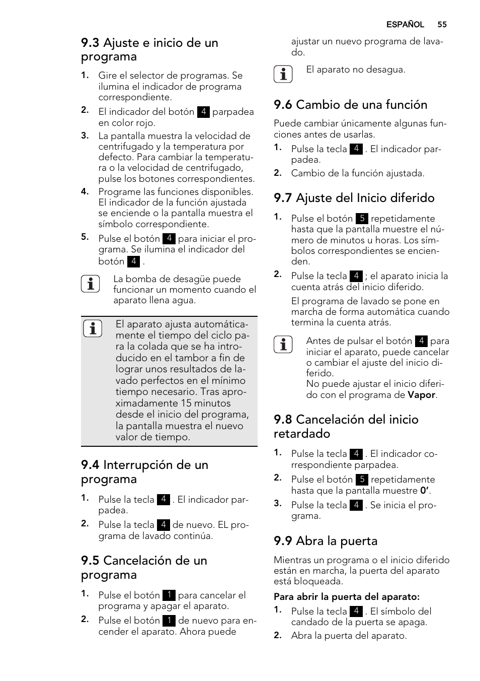 3 ajuste e inicio de un programa, 4 interrupción de un programa, 5 cancelación de un programa | 6 cambio de una función, 7 ajuste del inicio diferido, 8 cancelación del inicio retardado, 9 abra la puerta | AEG L75670WD User Manual | Page 55 / 76