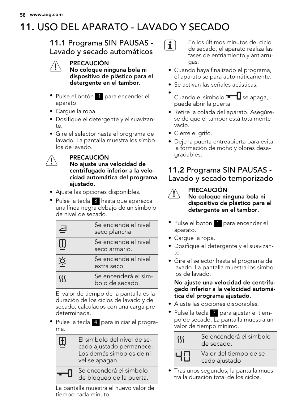 Uso del aparato - lavado y secado | AEG L75670WD User Manual | Page 58 / 76