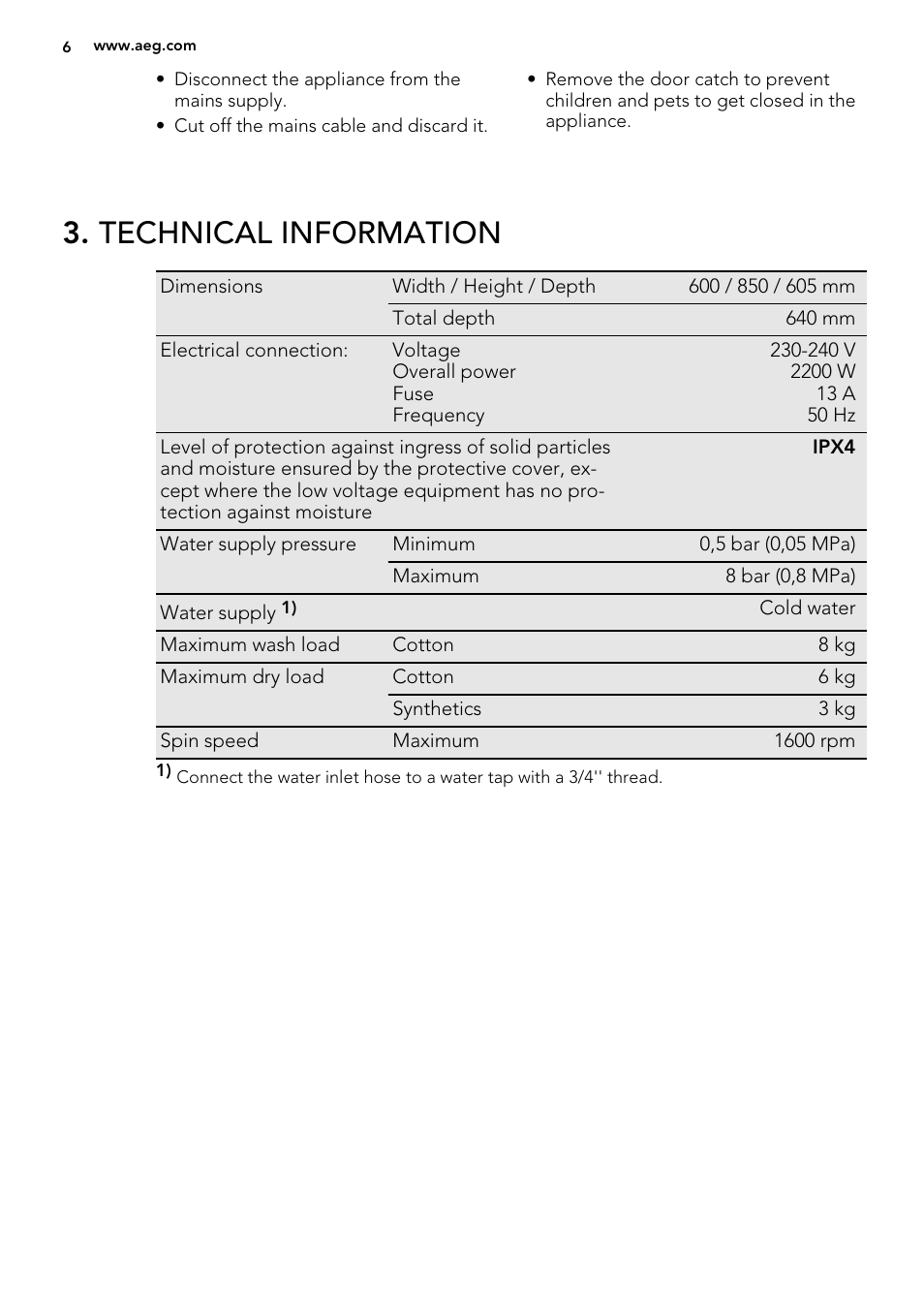 Technical information | AEG L75670WD User Manual | Page 6 / 76