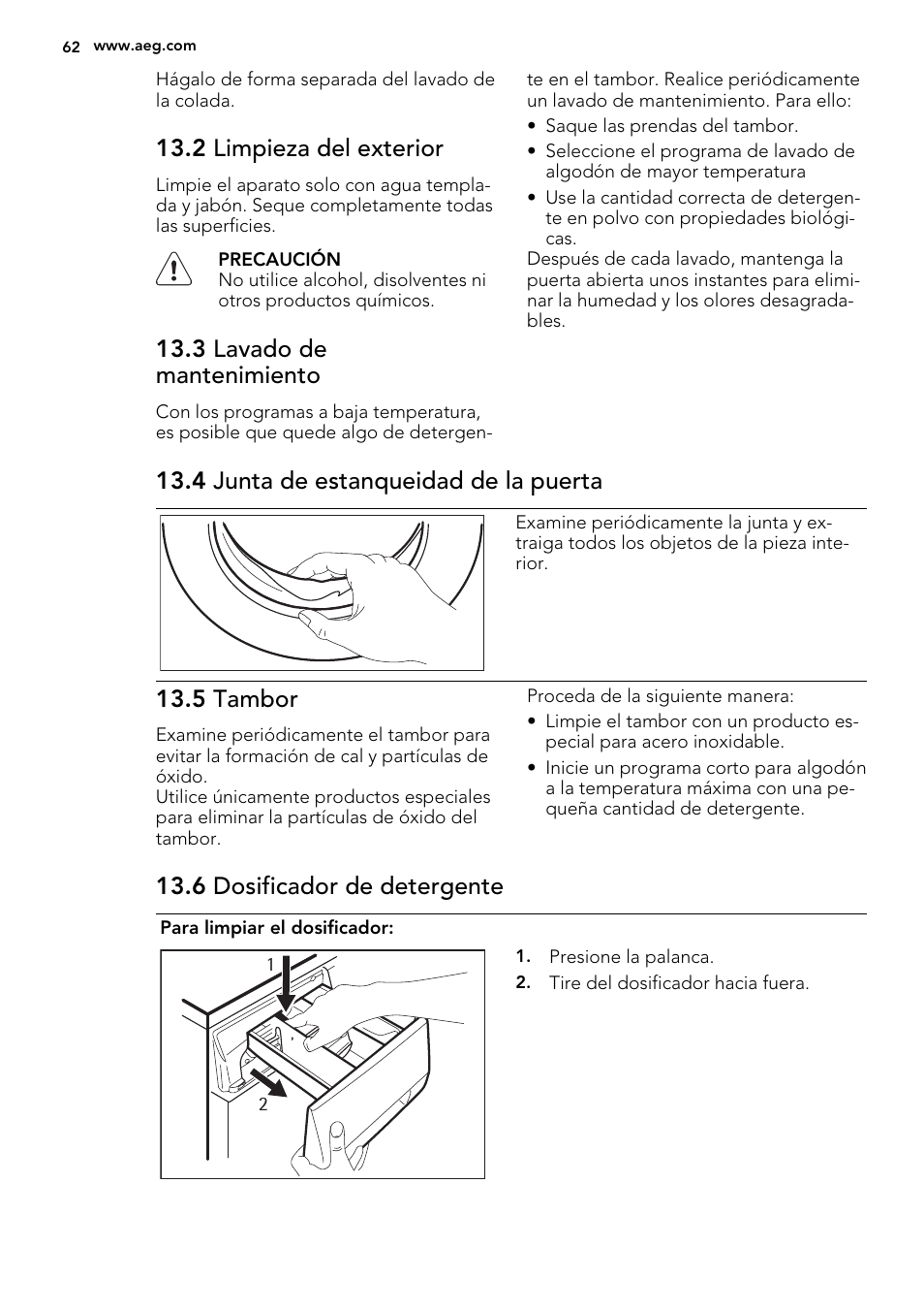 2 limpieza del exterior, 3 lavado de mantenimiento, 4 junta de estanqueidad de la puerta | 5 tambor, 6 dosificador de detergente | AEG L75670WD User Manual | Page 62 / 76