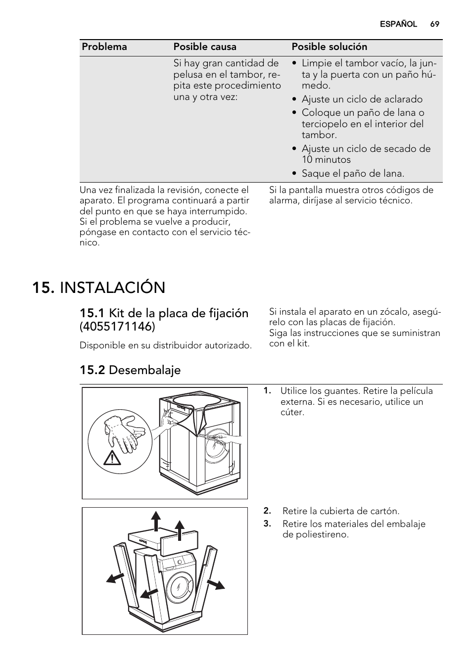 Instalación, 2 desembalaje | AEG L75670WD User Manual | Page 69 / 76