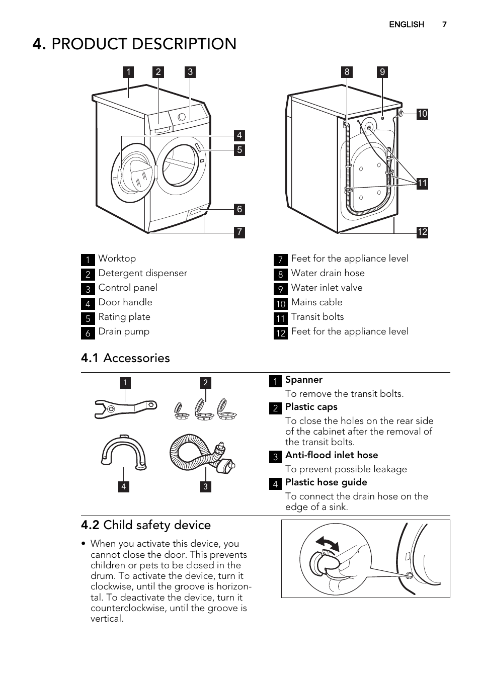 Product description, 1 accessories, 2 child safety device | AEG L75670WD User Manual | Page 7 / 76