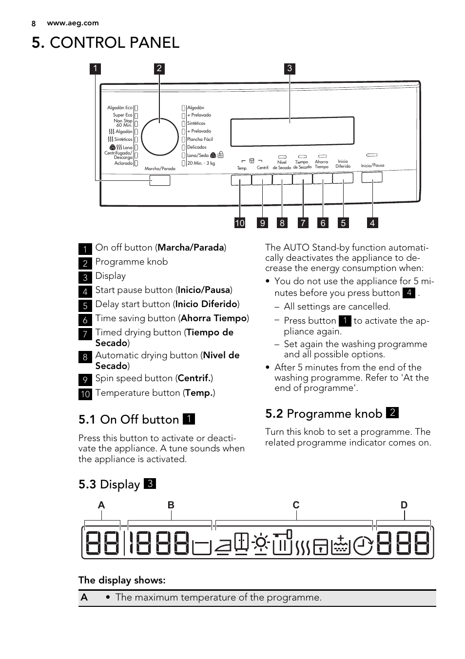 Control panel, 1 on off button, 2 programme knob | 3 display | AEG L75670WD User Manual | Page 8 / 76