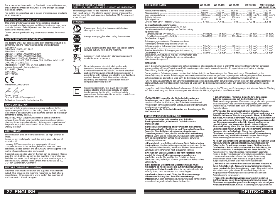 English, Deutsch | AEG WS 21-230 User Manual | Page 12 / 31