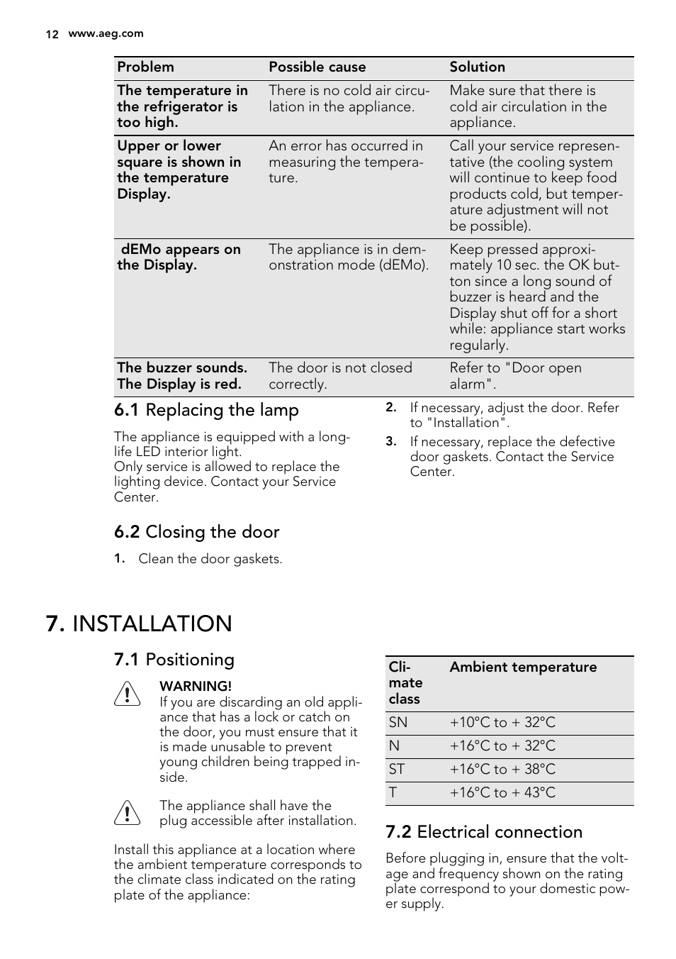 Installation, 1 replacing the lamp, 2 closing the door | 1 positioning, 2 electrical connection | AEG AGS77200F0 User Manual | Page 12 / 64