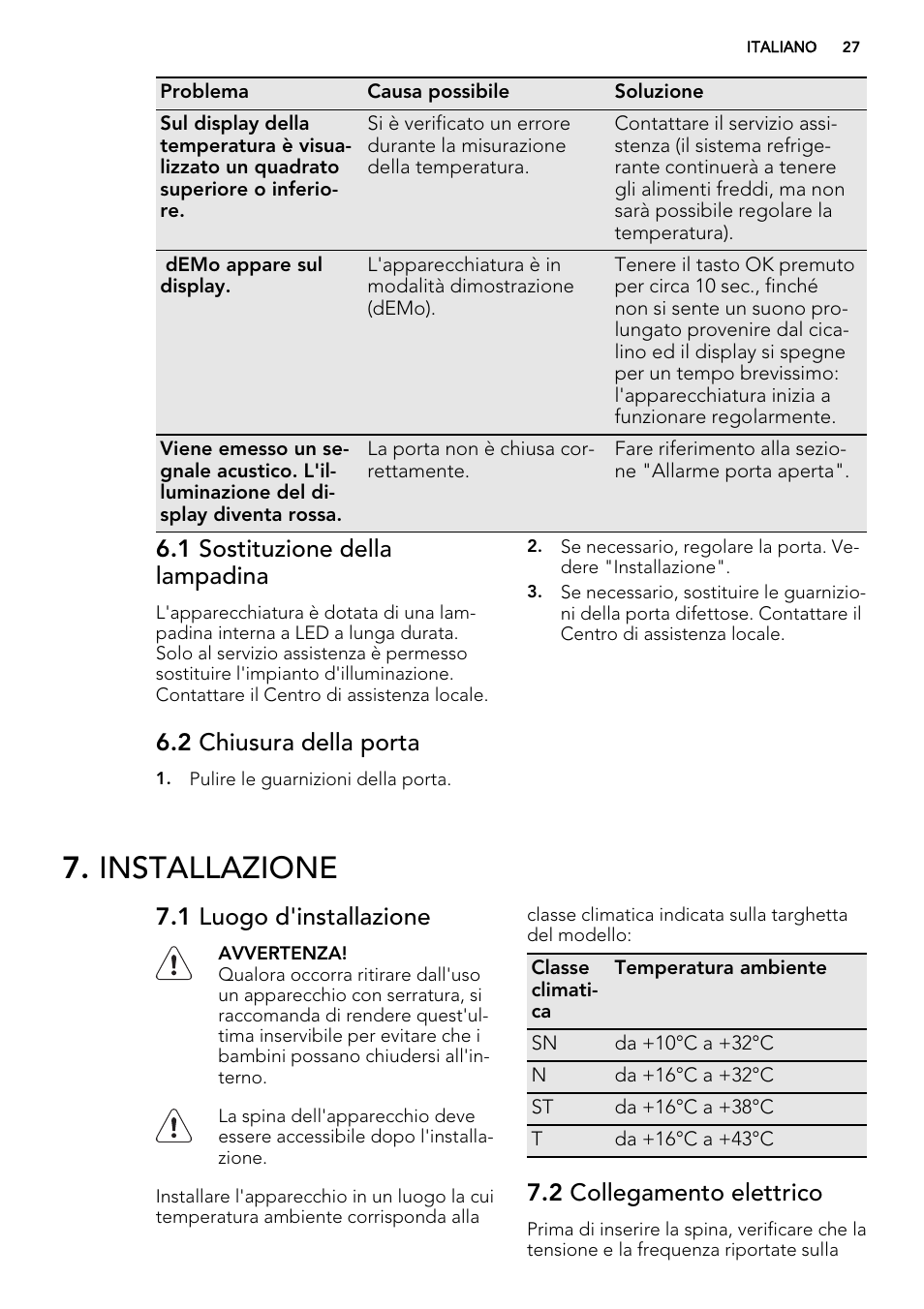 Installazione, 1 sostituzione della lampadina, 2 chiusura della porta | 1 luogo d'installazione, 2 collegamento elettrico | AEG AGS77200F0 User Manual | Page 27 / 64