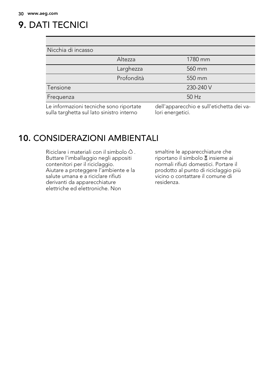 Dati tecnici, Considerazioni ambientali | AEG AGS77200F0 User Manual | Page 30 / 64