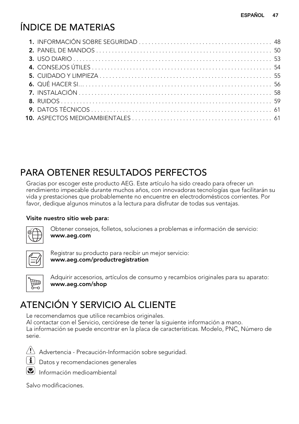 Índice de materias, Para obtener resultados perfectos, Atención y servicio al cliente | AEG AGS77200F0 User Manual | Page 47 / 64