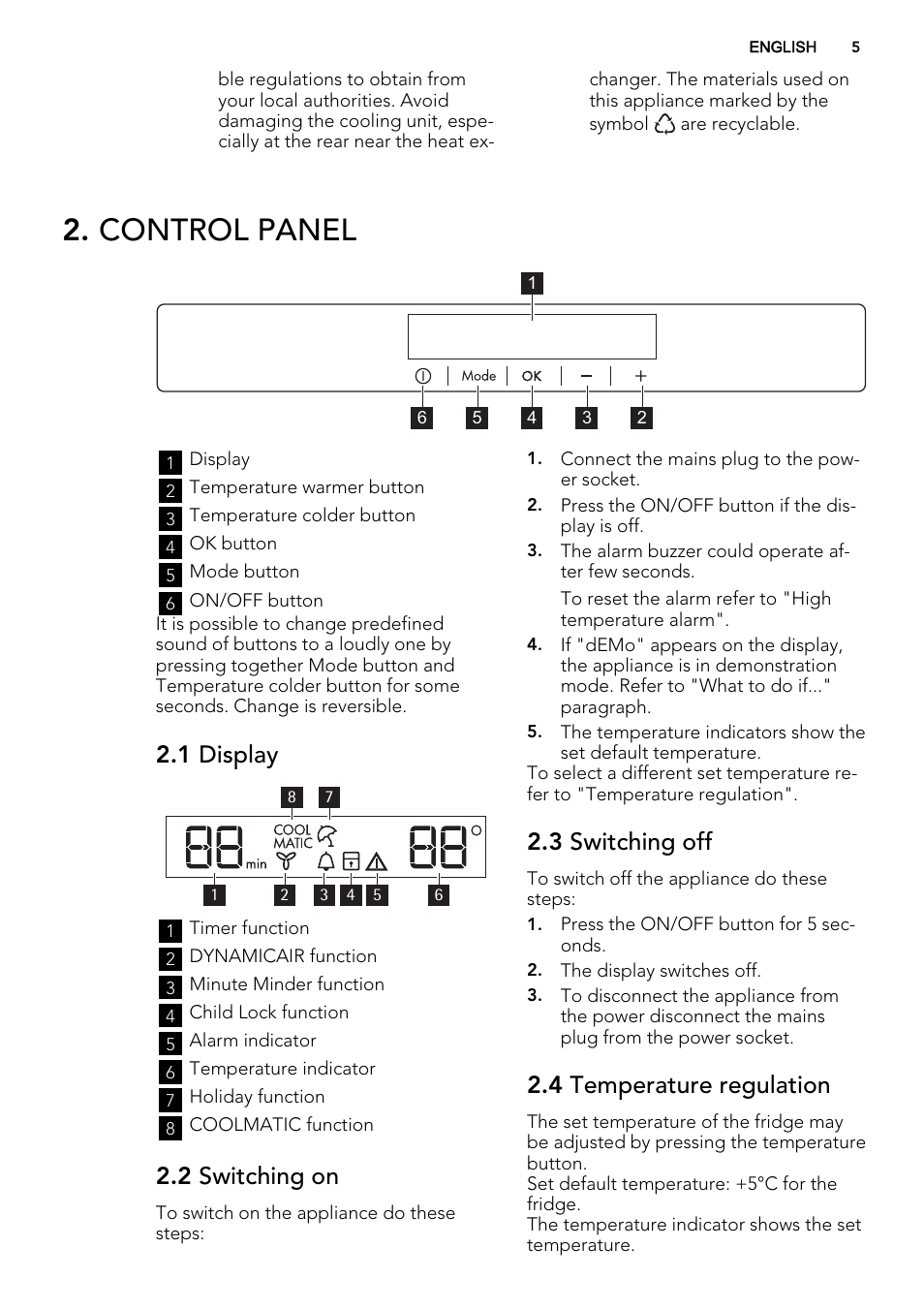 Control panel, 1 display, 2 switching on | 3 switching off, 4 temperature regulation | AEG AGS77200F0 User Manual | Page 5 / 64