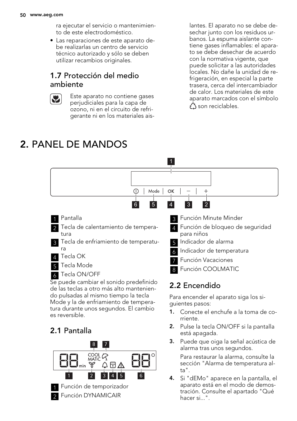 Panel de mandos, 7 protección del medio ambiente, 1 pantalla | 2 encendido | AEG AGS77200F0 User Manual | Page 50 / 64