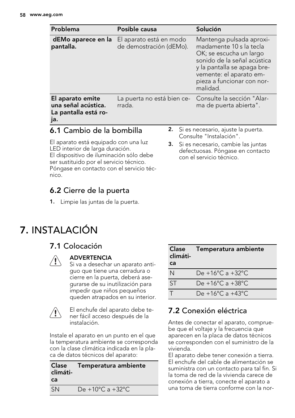 Instalación, 1 cambio de la bombilla, 2 cierre de la puerta | 1 colocación, 2 conexión eléctrica | AEG AGS77200F0 User Manual | Page 58 / 64