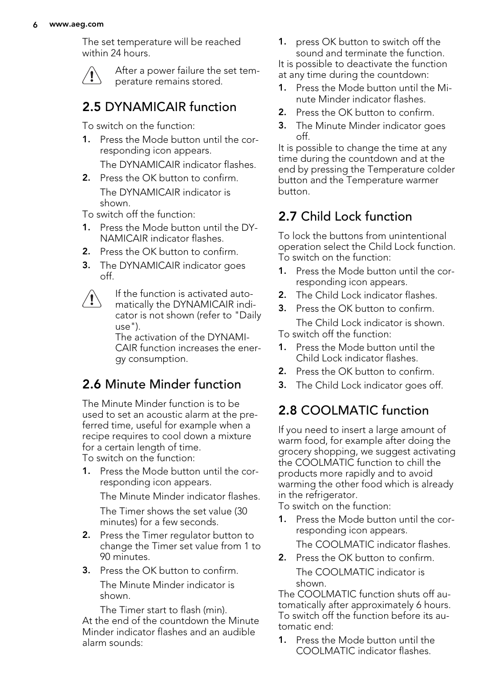 5 dynamicair function, 6 minute minder function, 7 child lock function | 8 coolmatic function | AEG AGS77200F0 User Manual | Page 6 / 64