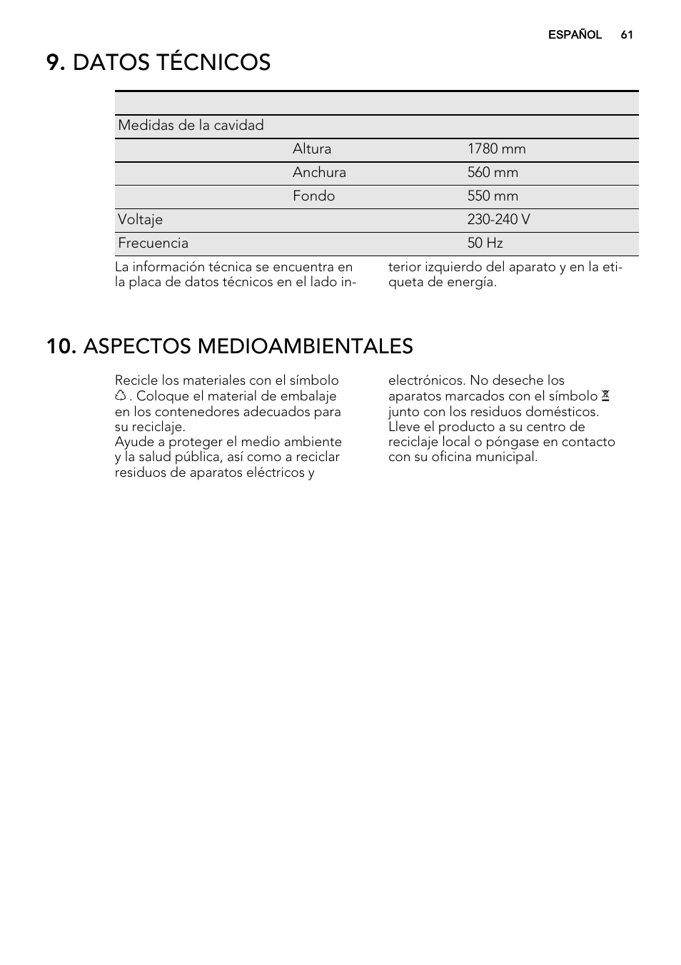 Datos técnicos, Aspectos medioambientales | AEG AGS77200F0 User Manual | Page 61 / 64