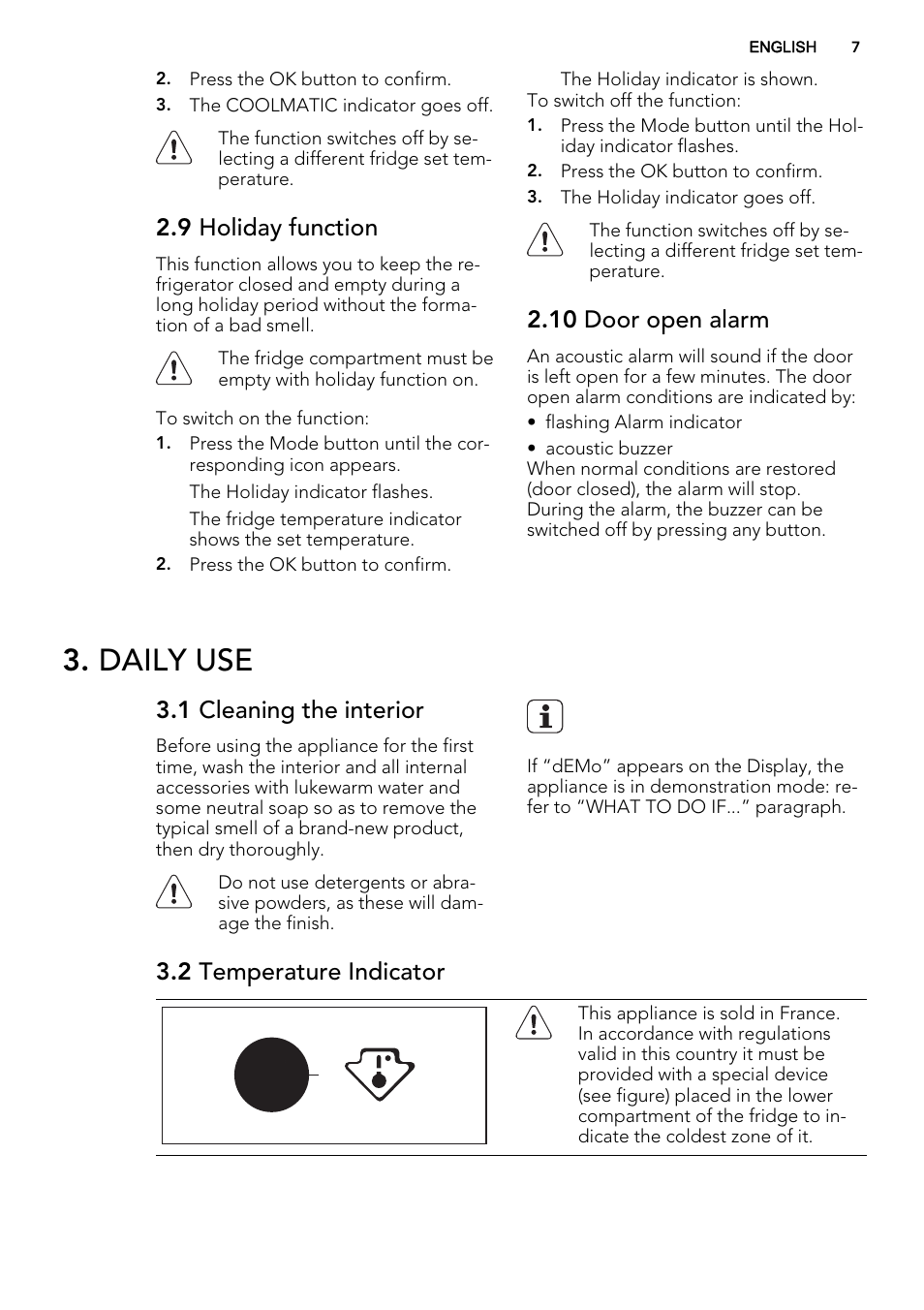 Daily use, 9 holiday function, 10 door open alarm | 1 cleaning the interior, 2 temperature indicator | AEG AGS77200F0 User Manual | Page 7 / 64