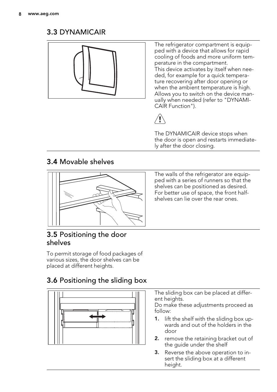 3 dynamicair, 4 movable shelves, 5 positioning the door shelves | 6 positioning the sliding box | AEG AGS77200F0 User Manual | Page 8 / 64