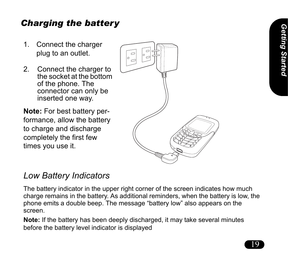 Charging the battery, Connect the charger plug to an outlet, 19 charging the battery | Low battery indicators, Ge tt in g s ta rt ed | Asus V55 User Manual | Page 19 / 102