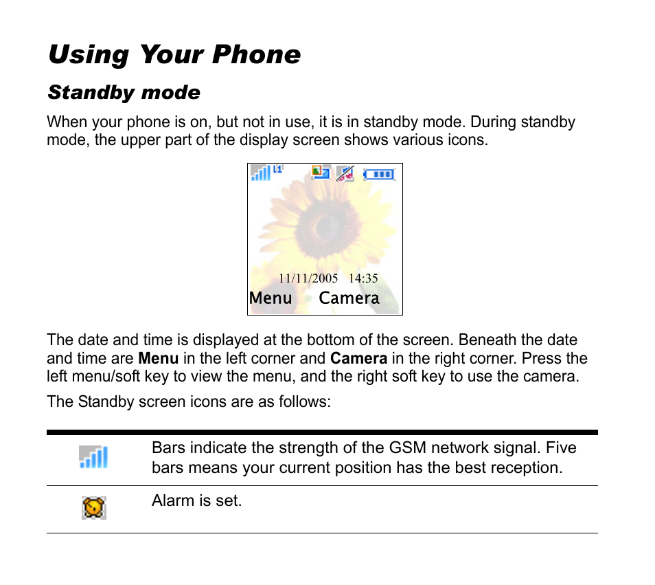 Using your phone, Standby mode | Asus V55 User Manual | Page 21 / 102