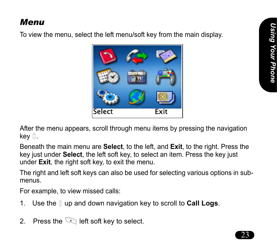 Menu, Press the left soft key to select, 23 menu | Asus V55 User Manual | Page 23 / 102