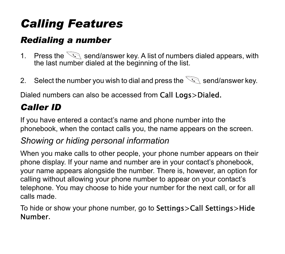 Calling features, Redialing a number, Caller id | Showing or hiding personal information | Asus V55 User Manual | Page 32 / 102