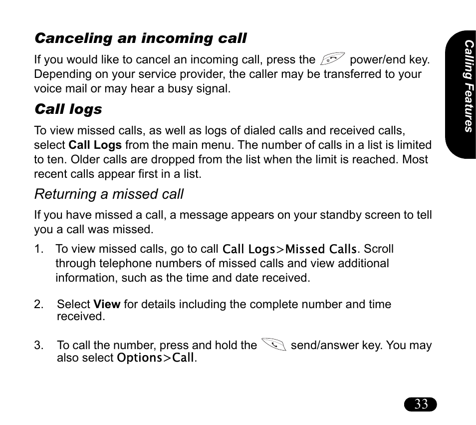 Canceling an incoming call, Call logs, Returning a missed call | 33 canceling an incoming call | Asus V55 User Manual | Page 33 / 102
