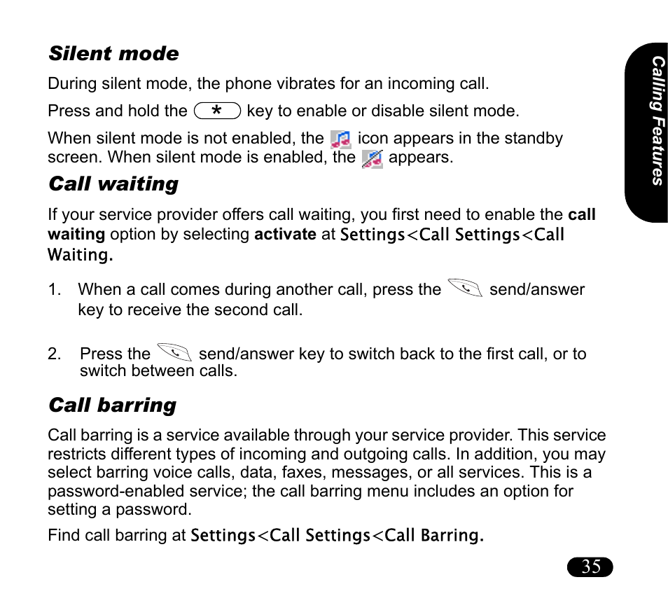 Silent mode, Call waiting, Call barring | 35 silent mode | Asus V55 User Manual | Page 35 / 102