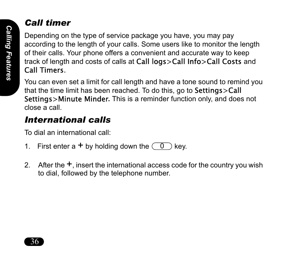 Call timer, International calls, First enter a + by holding down the key | Asus V55 User Manual | Page 36 / 102